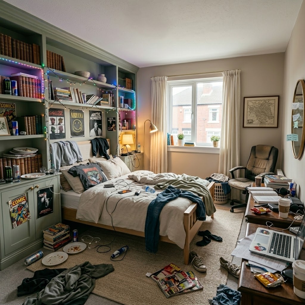 Before — cluttered bedroom